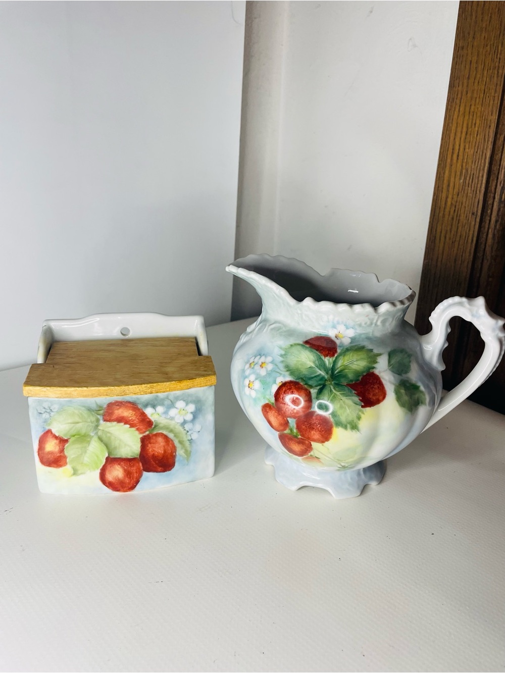 Vintage Hand Painted Porcelain Wall Mounting Salt Box W/ Matching Pitcher